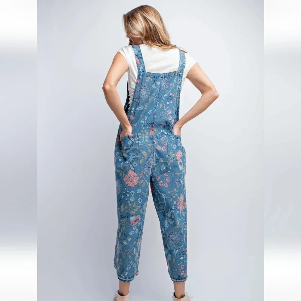 New! Easel Vintage Blue Washed Denim Floral Overall Jumpsuit M - Picture 5 of 5